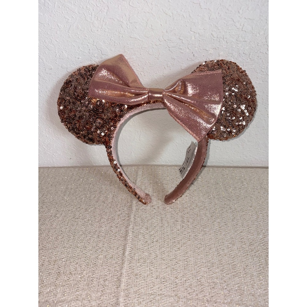 Disney Parks Minnie Mouse Ears Headband Women OS Rose Gold Excellent Sequin Bow
